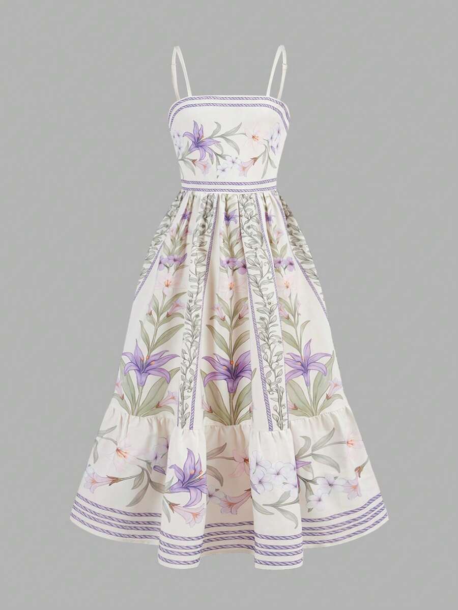 SHEIN Girlism 少女优雅吊带A字印花连衣裙，适合度假穿着 - 彩色 - 查看 1