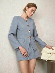 MOTF PREMIUM CONJUNTO DE 2 PIEZAS PARA MUJER: BLAZER CON BOTONES Y SHORTS, OTOÑO/INVIERNO - Azul - Ver 1