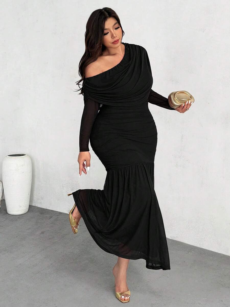 Firerie 大码女士优雅长袖不对称领口针织连衣裙，腰部褶裥设计，适合派对、日常穿着、晚礼服等场合，秋季、返校季、教师装、约会、四季皆宜，优雅百搭，适合通勤、聚会、派对、婚礼季、毕业典礼、舞会、演出、音乐会、工作、返校季、年会、女士生日、假日等各种场合。 - 黑色 - 查看 1