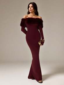 SHEIN Tall 女士纯色仿毛皮露肩长袖修身优雅时尚连衣裙，适合秋季派对穿着 - 酒紅色 - 查看 6