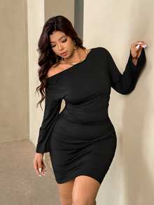 Auralis Große Größen Neues schwarzes figurbetontes Minikleid, asymmetrische Schulter, Langarm, geraffte Taille, schlankend, Y2K-Stil, geeignet für Bars, Konzerte, Dates, Valentinstag, Partys, sexy, Büro, Meerjungfrau-Vibe, Geburtstagsfeier - Schwarz - Übersicht 1