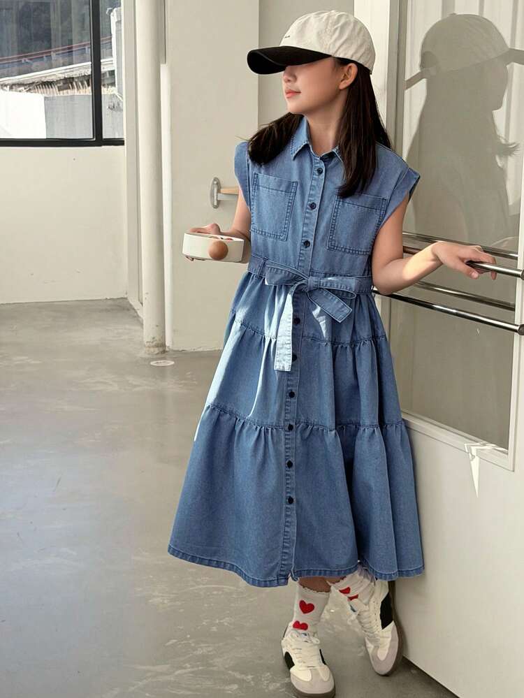 Tween Girls' Casual Washed Front Button Ruffle Hem Denim Dress, Summer