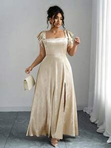 Elenzga 大码女式方领荷叶袖开衩长裙，绿色提花亮面面料，通勤、日常、伴娘、舞会、毕业典礼、休闲外出等场合皆宜，舒适时尚。 - 香檳色 - 查看 4