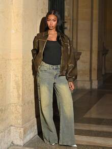 Mima John Women Front Zipper Long Sleeve Minimalist Casual Vintage Distressed Washed PU Jacket In Fall/Winter - Brown - View 1