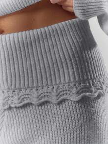 MUSERA Pantalones de pierna ancha con detalle de ganchillo de punto acanalado, cintura plegable, solo Bottom, cómodo, lindo, casual, elegante para fiesta de noche - Gris - Ver 6