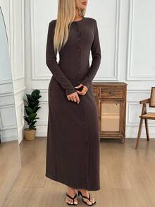 Easowa Autumn/Winter Casual Bodycon Dress, Button-Up Long Sleeve Black Dress For Women - Purple - View 5