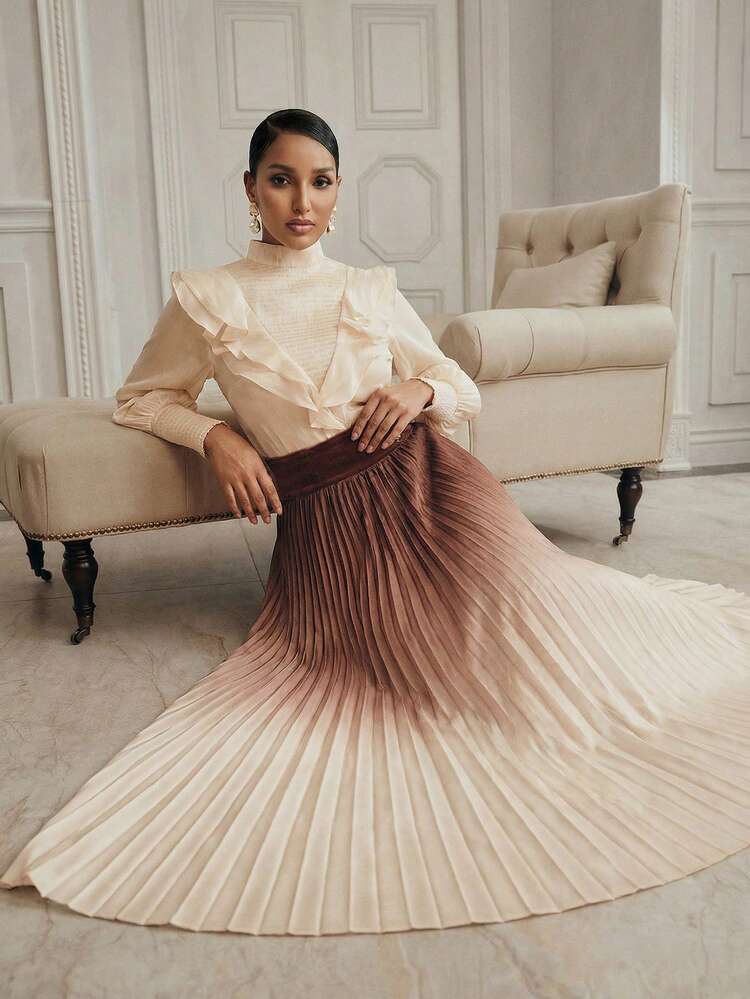 Anewsta Vintage Elegant High Collar Lantern Sleeve Shirt & Gradient Color Print Pleated A-Line Skirt 2-Piece Set For Women, Autumn/Winter