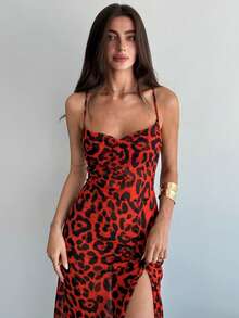 Aloruh Sexy Leopard Print Backless Cross Strap Draped Neck Cinched Waist Long Dress, Spring/Summer - Red - View 4
