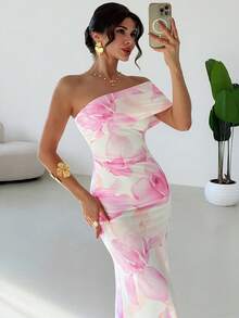 Firerie Đầm đi biển thanh lịch, lãng mạn dành cho nữ, màu hồng và trắng, họa tiết hoa, chất liệu lưới, kiểu dáng ôm sát, vai lệch, thích hợp cho tiệc trà chiều, kỳ nghỉ sang trọng, sinh nhật, hoặc buổi hẹn hò lãng mạn ngày Valentine. - Nhiều màu - Xem 5