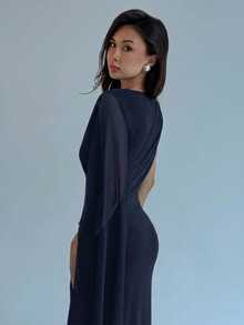 Aloruh Women's Solid Color Round Neck Flowy Dress - Navy Blue - View 6