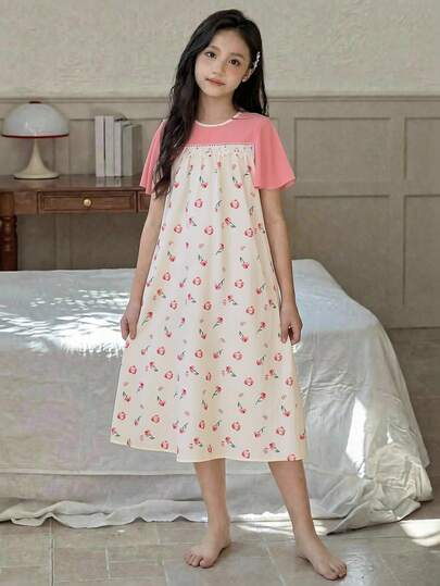 SHEIN Tween Girl Loose Casual Minimalist Comfortable Round Neck Short Sleeve Solid Color Patchwork Ditsy Floral Loungewear KIDS