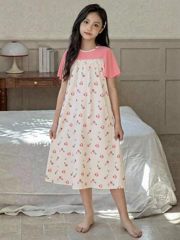 SHEIN 青少年女孩寬鬆休閒極簡舒適圓領短袖純色拼接碎花居家服