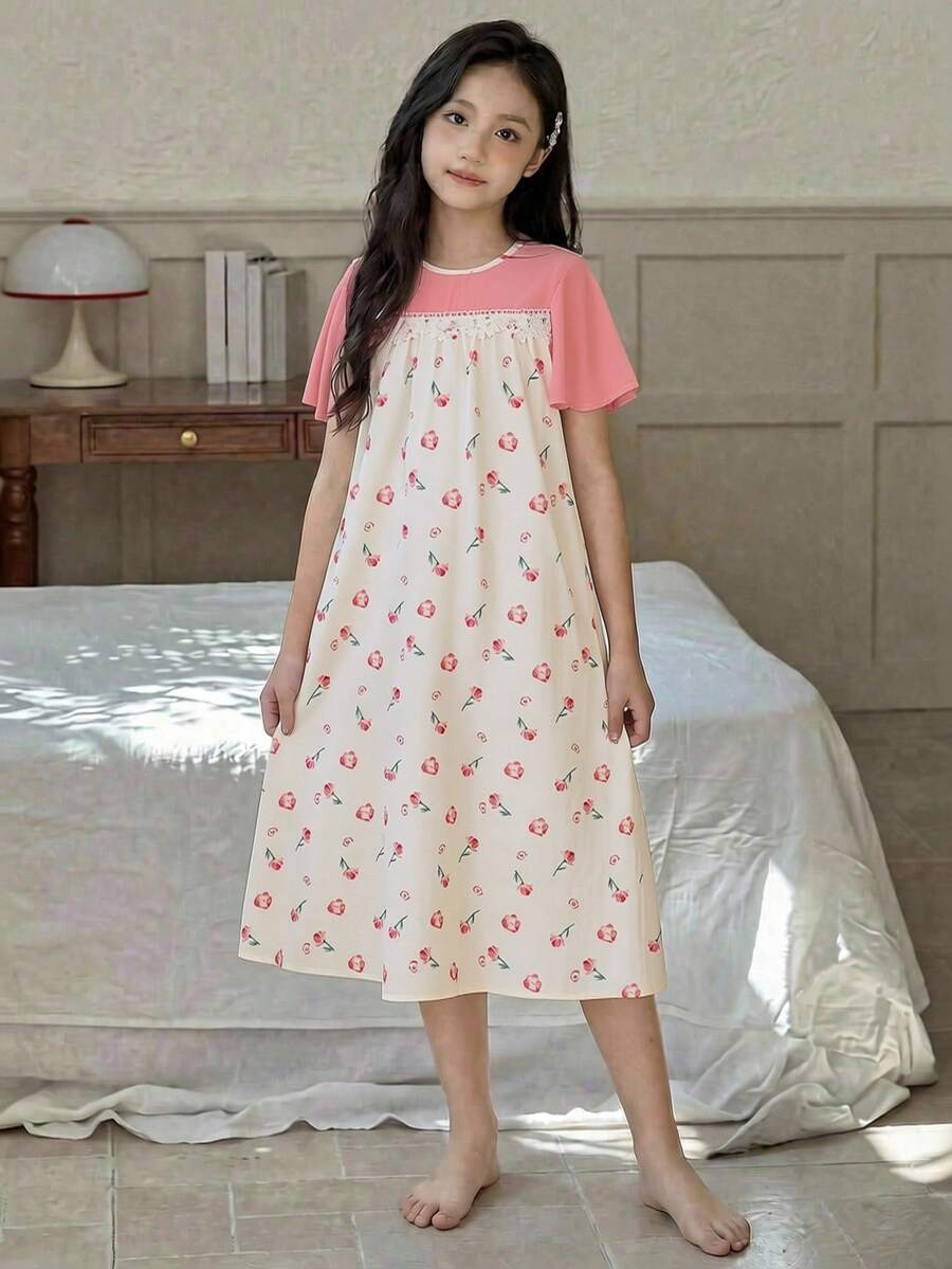 SHEIN 青少年女孩寬鬆休閒極簡舒適圓領短袖純色拼接碎花居家服 - 紅白色 - 查看 1