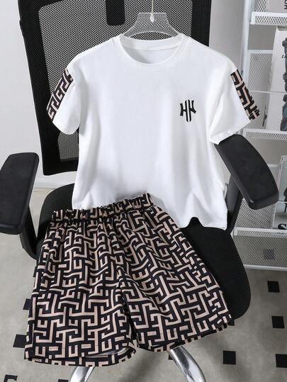 Set de 2 piezas con estampado geométrico de parche, cuello redondo, manga corta, pantalones cortos para niños preadolescentes, corte holgado, cómodo, versátil, adecuado para otoño, primavera, verano, uso diario, ir y venir, al aire libre, deportes, escuela, ropa urbana, fiesta, sesión de fotos