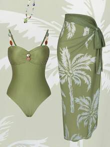 Swim Oasis Women's New Solid Color Special Fabric Beaded Backless One-Piece Swimsuit With Coconut Tree Net Skirt High-End 2 Pieces Set, Spring/Summer Resort Wear Women Sage Dress Sage Green Top Corset Top Dress Olive Green Bridesmaid Dress - Green - View 3