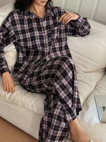 DAZY Bộ đồ ngủ kẻ caro 2 món dành cho nữ, kiểu áo sơ mi rộng rãi, thích hợp cho mùa thu/đông và dịp Giáng sinh. - Màu tím - Xem 5