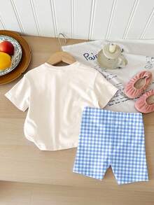 SHEIN Happikins Girl Casual Minimalist Short Sleeve Top & Shorts 2 Pieces Set, Suitable For Summer - Multicolor - View 2