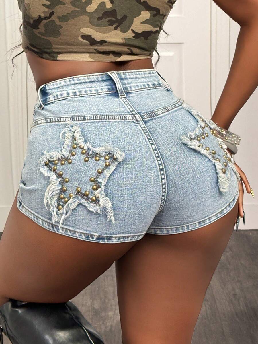 Slaydiva 女士星形毛边贴袋修身休闲牛仔短裤 - 粉色 - 查看 1