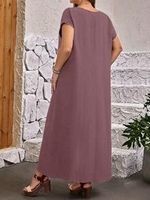 EMERY ROSE Plus Size Casual Solid Color Round Neck Short Sleeve Dress For Summer/ Vacation, Summer Dresses - Purple - View 2