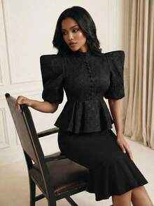 Anewsta Women's Elegant Palace-Style High-End Jacquard Puff Sleeve Ruched Waist Chic Blouse - Black - View 6