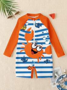 SHEIN Young Boy Casual Slim Fit Round Neck Long Sleeve One-Piece Swimsuit, Suitable For Summer - Multicolor - View 2