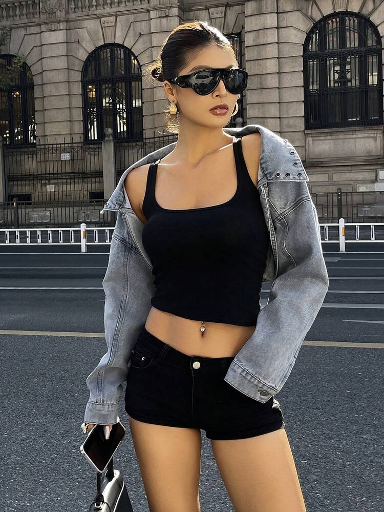 Women's Solid Color Minimalist Daily Wear Super Cropped Denim Long Sleeve Top Y2k