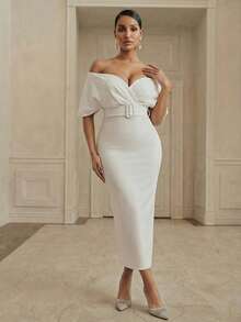 Anewsta فستان ضيق مناسب للخصر بياقة على الكتف وياقة على شكل حرف V للنساء - أبيض - مشاهدة 7