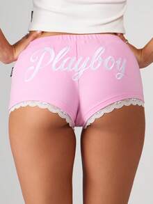Missguided x Playboy Booty Shorts Lace Trim Jersey Pink Loungewear Sleep Shorts With Drawstring - Baby Pink - View 1
