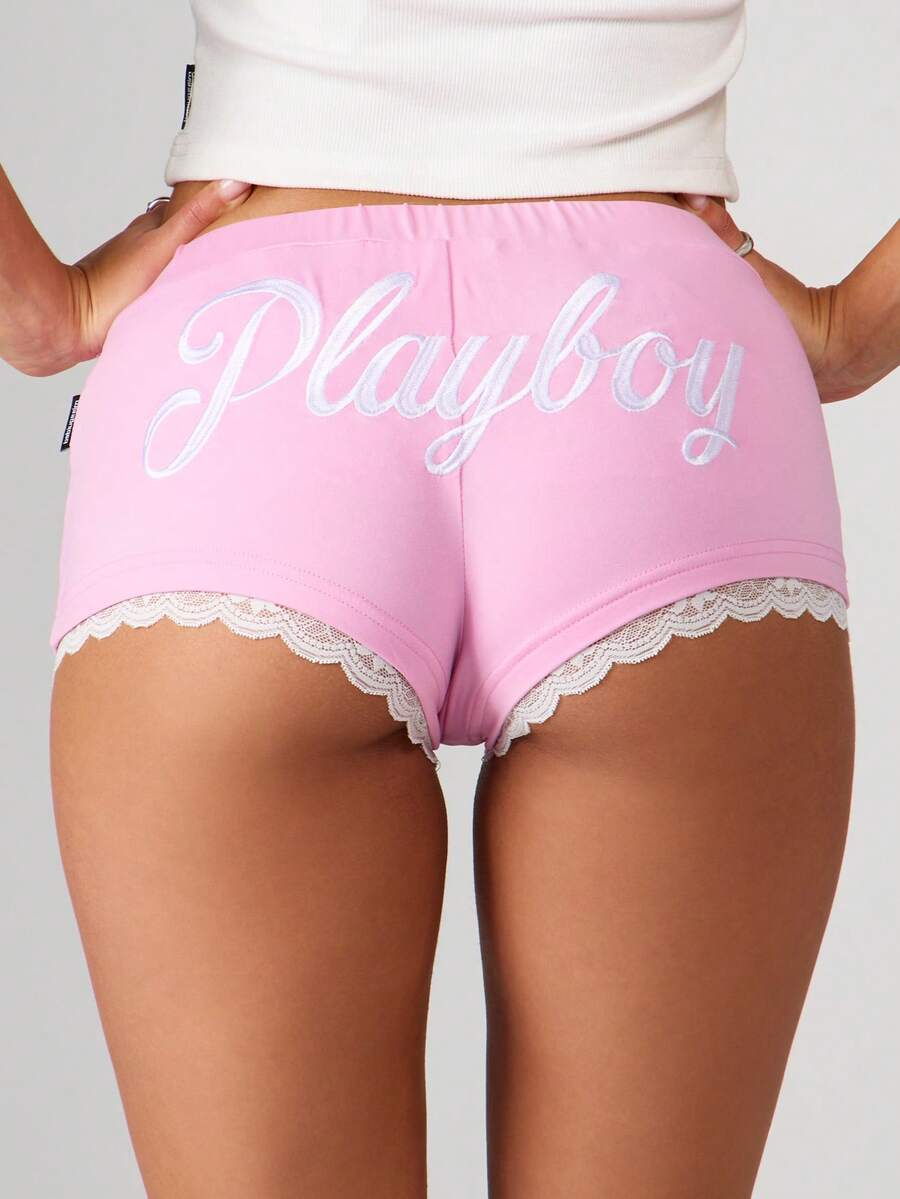 Missguided x Playboy Booty Shorts Lace Trim Jersey Pink Loungewear Sleep Shorts With Drawstring - Baby Pink - View 1