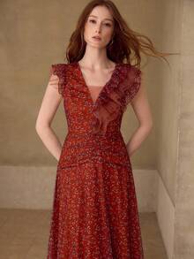 MOTF PREMIUM 女士网纱印花荷叶边连衣裙，春夏款 - 橘色 - 查看 5