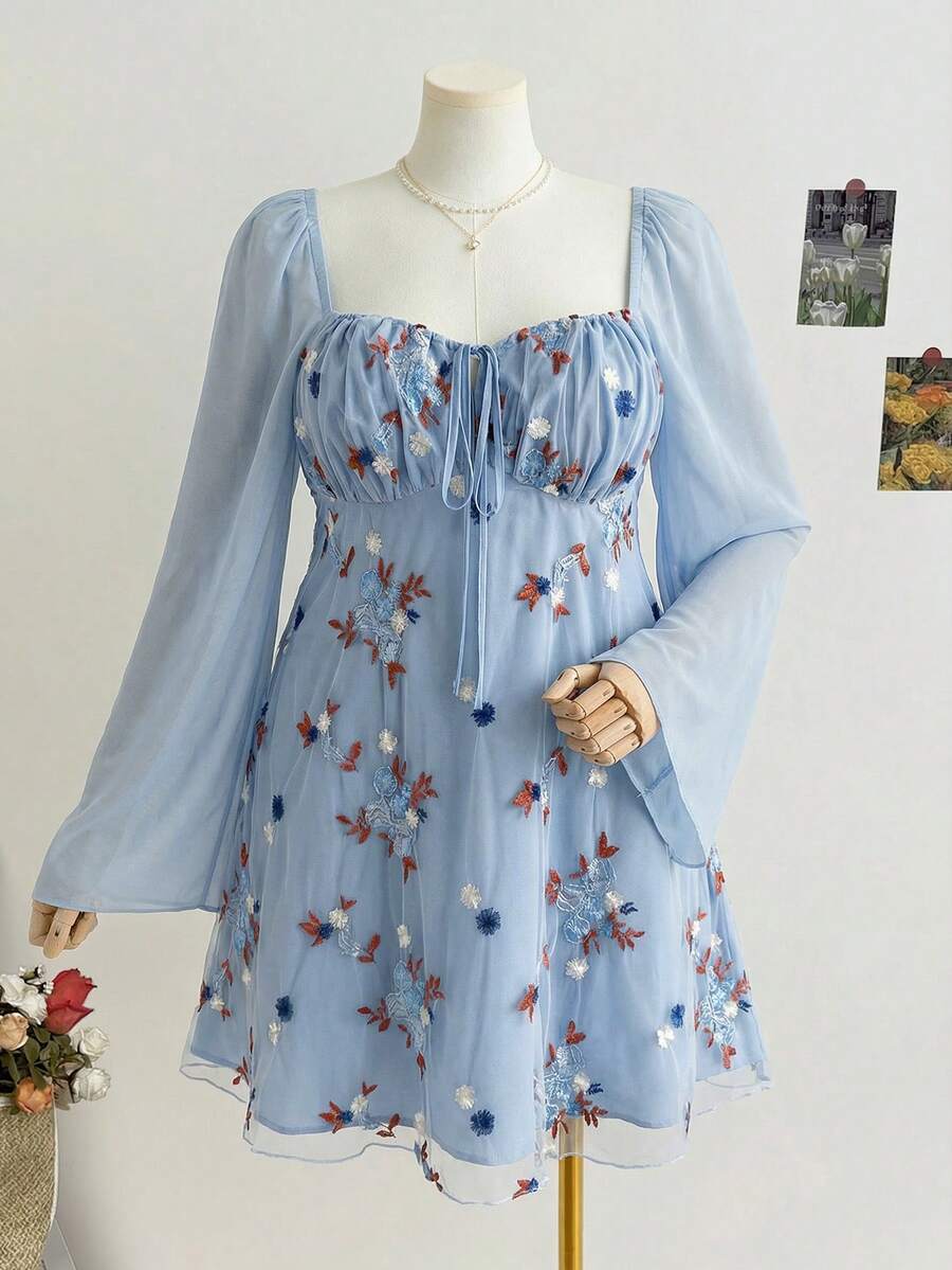 Dreamara Plus Size Women Floral Embroidery Tie-Up Long Sleeve Vacation Blue Mini Dress - Blue - View 1