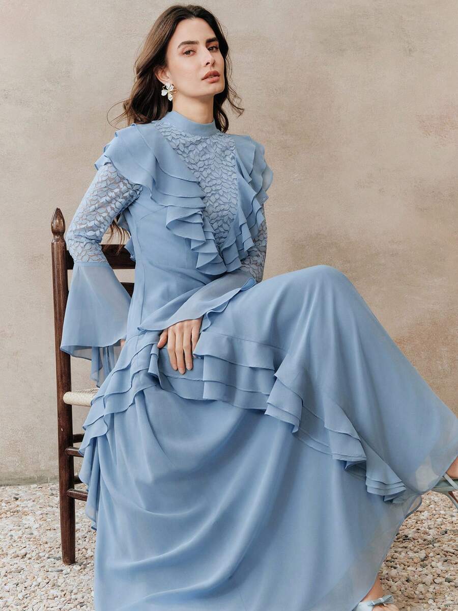 Anewsta Đầm dài tay cổ đứng màu xanh chiffon thanh lịch mới dành cho nữ mùa xuân/hè, phối ren tương phản. - Màu xanh lam - Xem 1