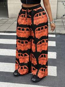 Maweii Plus Size Summer Casual Vacation Car Print Loose Wide Leg Pants - Multicolor - View 4