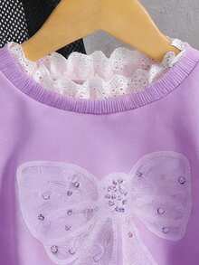 SHEIN Genkimix Kids Girls' Casual Korean Style Lace Patchwork Embroidered Collar Flared Lace Cuff Sweatshirt, Suitable For Outings, School, And Commuting - Violet Purple - View 4