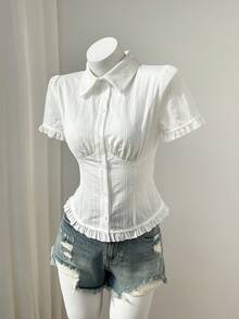 Elamini Women's Summer Top - Casual Textured Fabric With Ruffle Trim And Waist-Cinching Design For Valentine's Date & Party Outfits - White - View 3