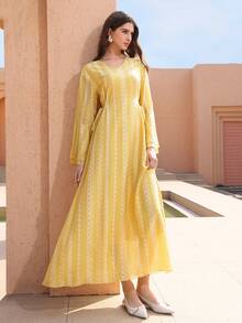 Graceveil V-Neck Jacquard Bubble Textured Asymmetric Sleeve Tie Side Yellow Dress - Yellow - View 7