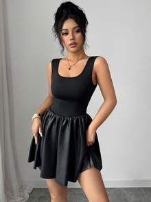 Elenzga 夏季新款黑色法式优雅修身方领无袖系带泡泡下摆高端设计女式紧身连衣裙 - 黑色 - 查看 5