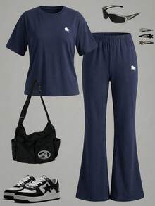 Teen Girl 2-Piece Set: Loose Fit Crew Neck Short Sleeve T-Shirt And Flare Pants, Navy Blue With White Horse Print, Casual And Fashionable, Suitable For Spring/Summer Daily Wear, Home, Vacation, School, Holidays - Multicolor - View 4