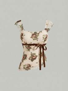 SHEIN Girlism 少女碎花针织网纱上衣和纯色迷你裙两件套，休闲款 - 彩色 - 查看 3