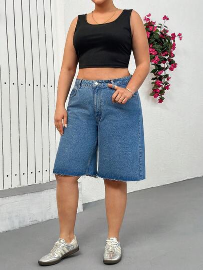 EURMUSE Style décontracté Taille haute Femme mode Longueur citadine Jeans Plus Taille Fermeture par boutons Bleu moyen délavé