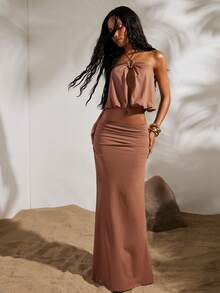 Opulessa Jupe longue d'été pour femmes, idéale pour les vacances, les soirées sexy, les bals, les dîners semi-formels, l'automne et l'hiver - Taupe - Voir 3