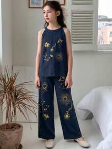 DAZY Tween Girl Sun & Planet Print Halter Top And Wide Leg Pants Casual Outfit - Blue - View 1