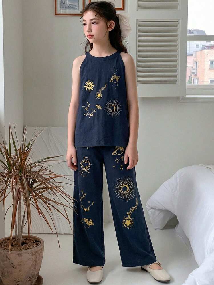 Tween Girl Sun & Planet Print Halter Top And Wide Leg Pants Casual Outfit