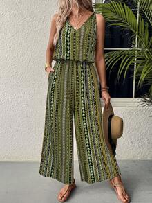 EMERY ROSE Women's Summer Vacation All-Over Print Waist Cinched Sleeveless Jumpsuit - Multicolor - View 6