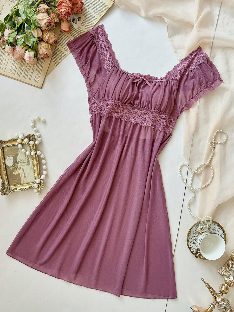 SHEIN 女士性感蕾丝蝴蝶结半透明睡袍 - 藕粉色 - 查看 1