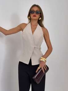 Aloruh 女士休闲/办公通勤简约纯色燕麦色露背吊带衫，夏季 - 卡其色 - 查看 6