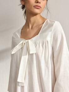 Ocili 100% Cotton Solid 3/4 Sleeve Tie Waist Round Neck Comfortable Women Nightgown - White - View 5