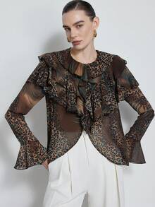 Aveloria Modichic 优雅性感随机印花纹理面料翻领系带女式衬衫 - 彩色 - 查看 1