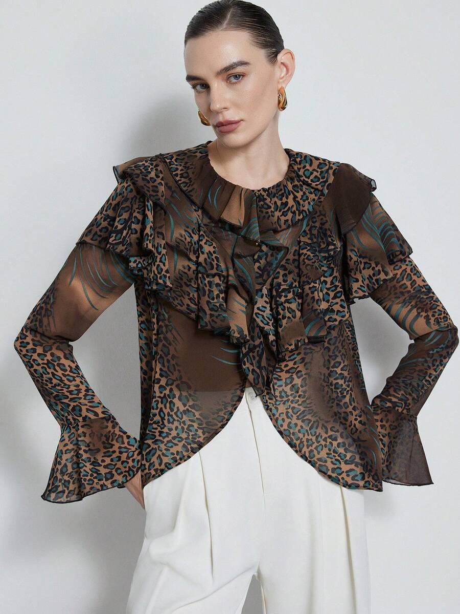 Aveloria Modichic 优雅性感随机印花纹理面料翻领系带女式衬衫 - 彩色 - 查看 1