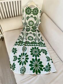 GlowEve Women's Vacation Style Placement Print Round Neck Sleeveless Waist Tie A-Line Dress - Multicolor - View 2